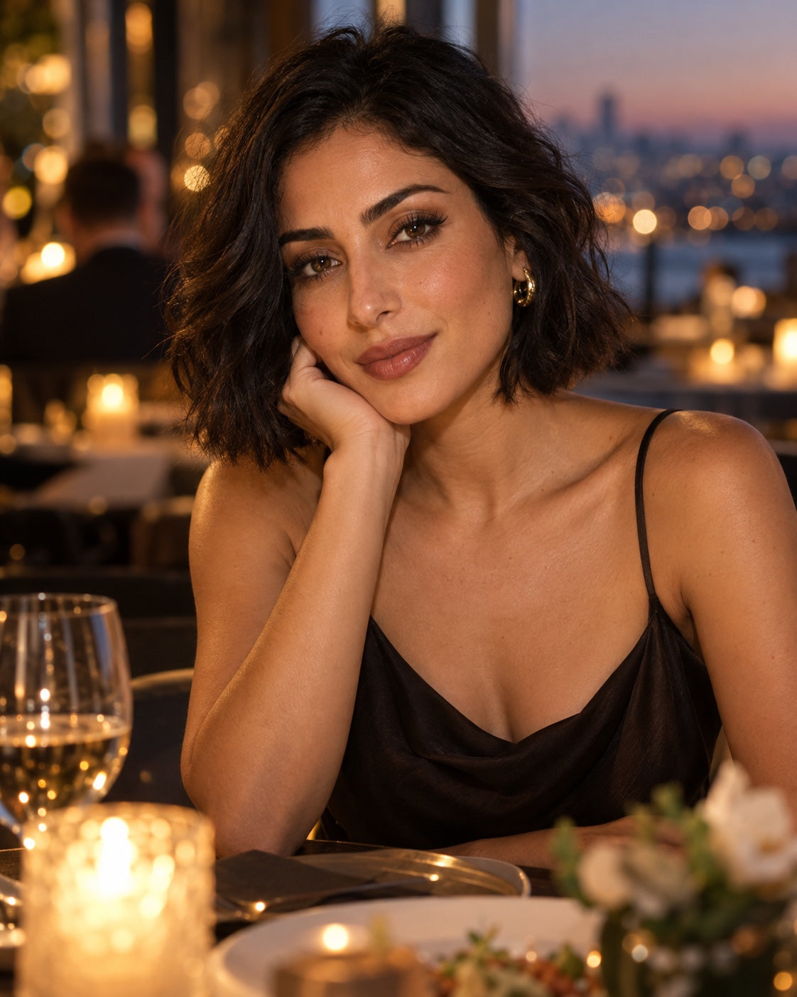 Middle Eastern woman wearing wispy lashes in a warm date-night restaurant